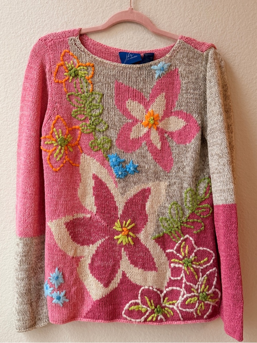 JH Collectibles Floral Sweater Pink Embroidered Cottagecore Artsy Grandma Knit S